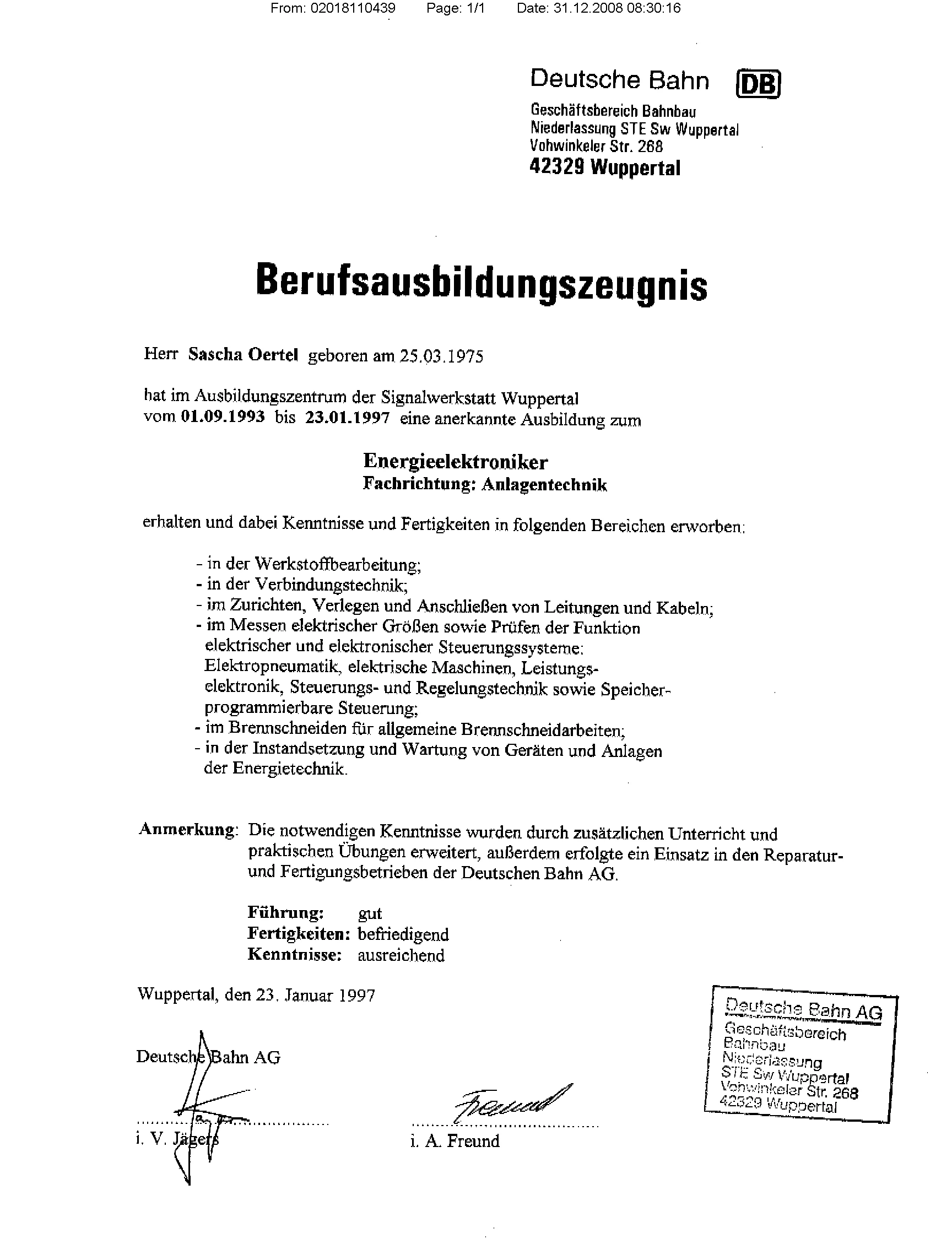 Berufsausbildungszeugnis Deutsche Bahn — Sascha Oertel, Energieelektroniker, 1997